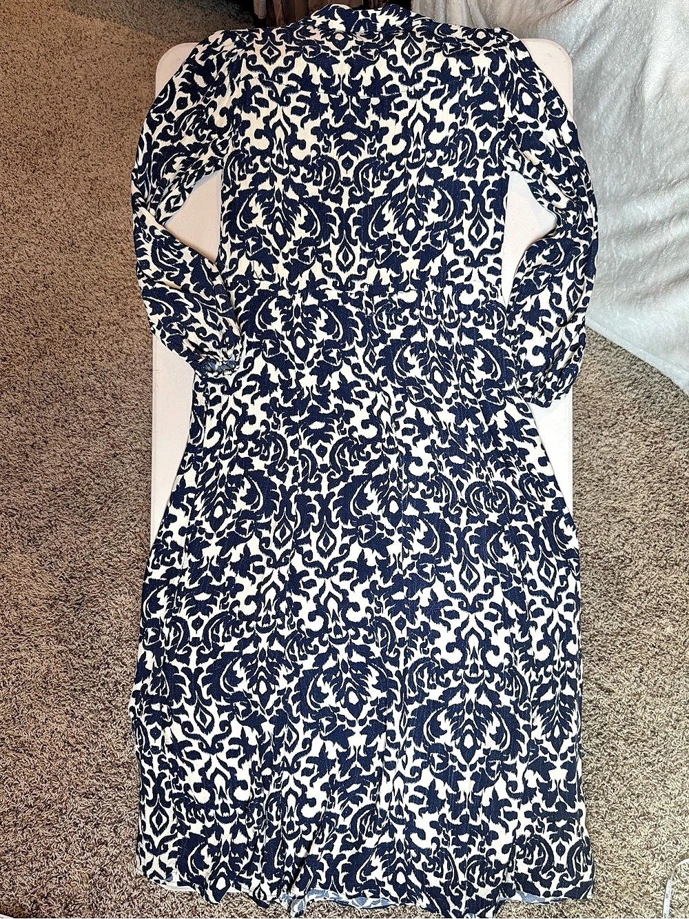 Zara Damask Long Sleeve Dress in Blue & Cream Size XS Like New Fall Wedding Gues